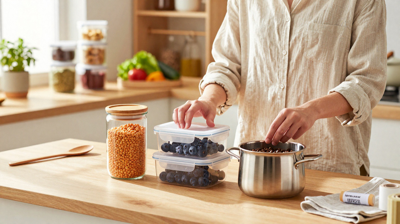 Pessoa preparando comida na cozinha, com potes de vidro e frutas sobre bancada de madeira.