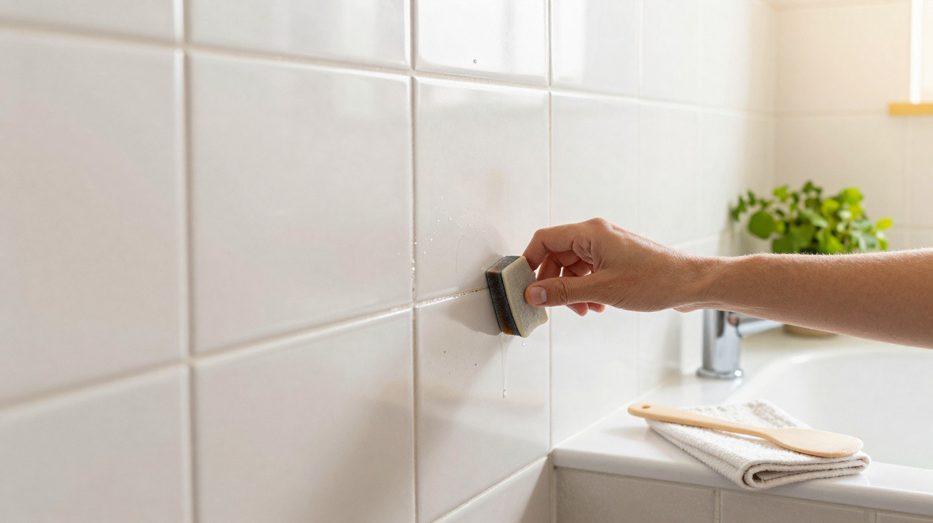 Pessoa limpando rejunte de azulejo branco em banheiro com esponja preta.