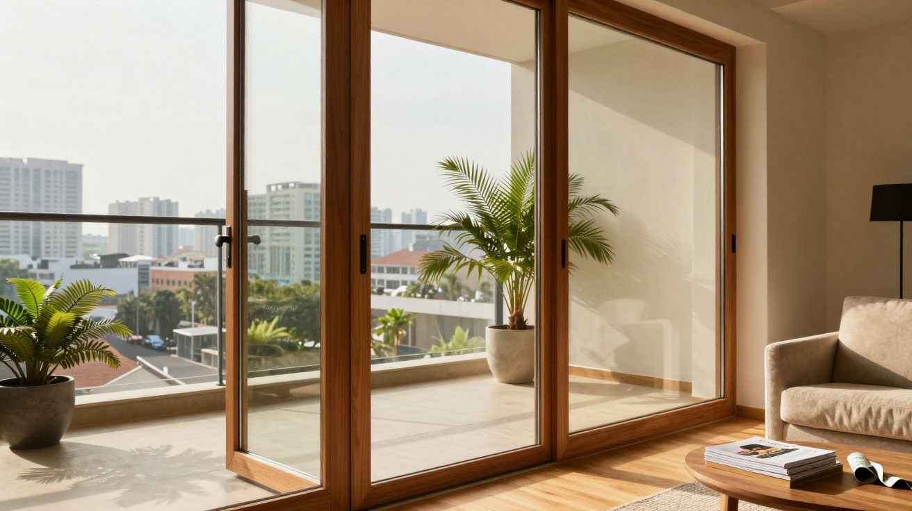 Varanda com plantas, portas de vidro e vista para prédios em dia ensolarado, sala com sofá e mesa.