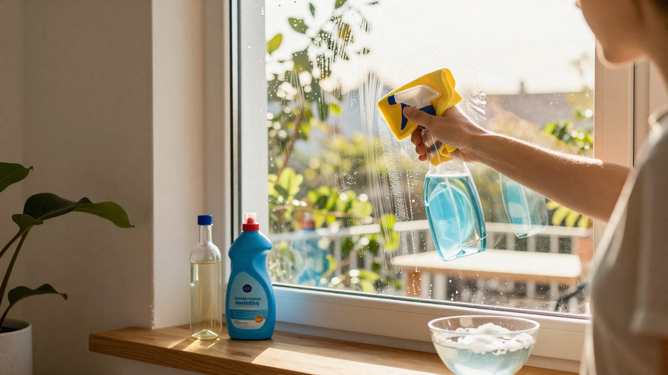 Pessoa limpando janela com spray de limpeza azul e pano amarelo em ambiente iluminado pela luz natural.