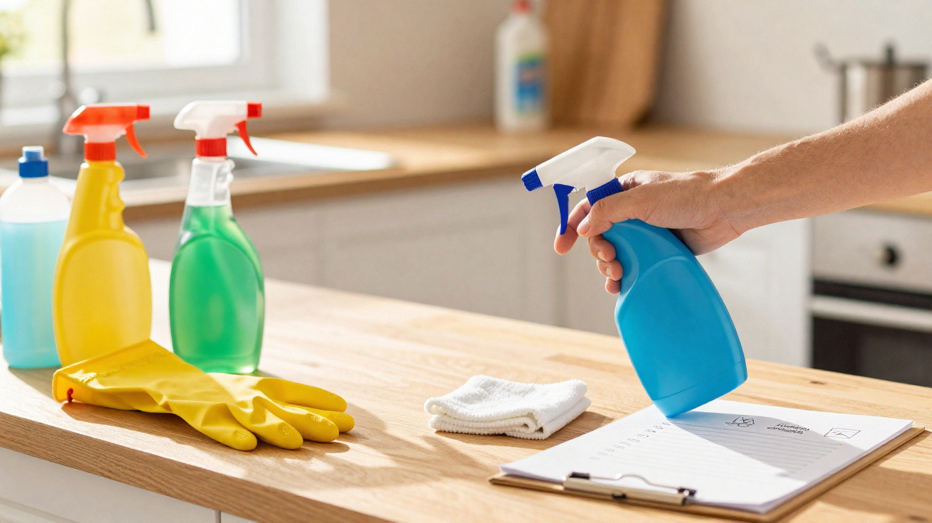 Mão segurando borrifador azul sobre mesa com luvas amarelas, produtos de limpeza e pano branco.