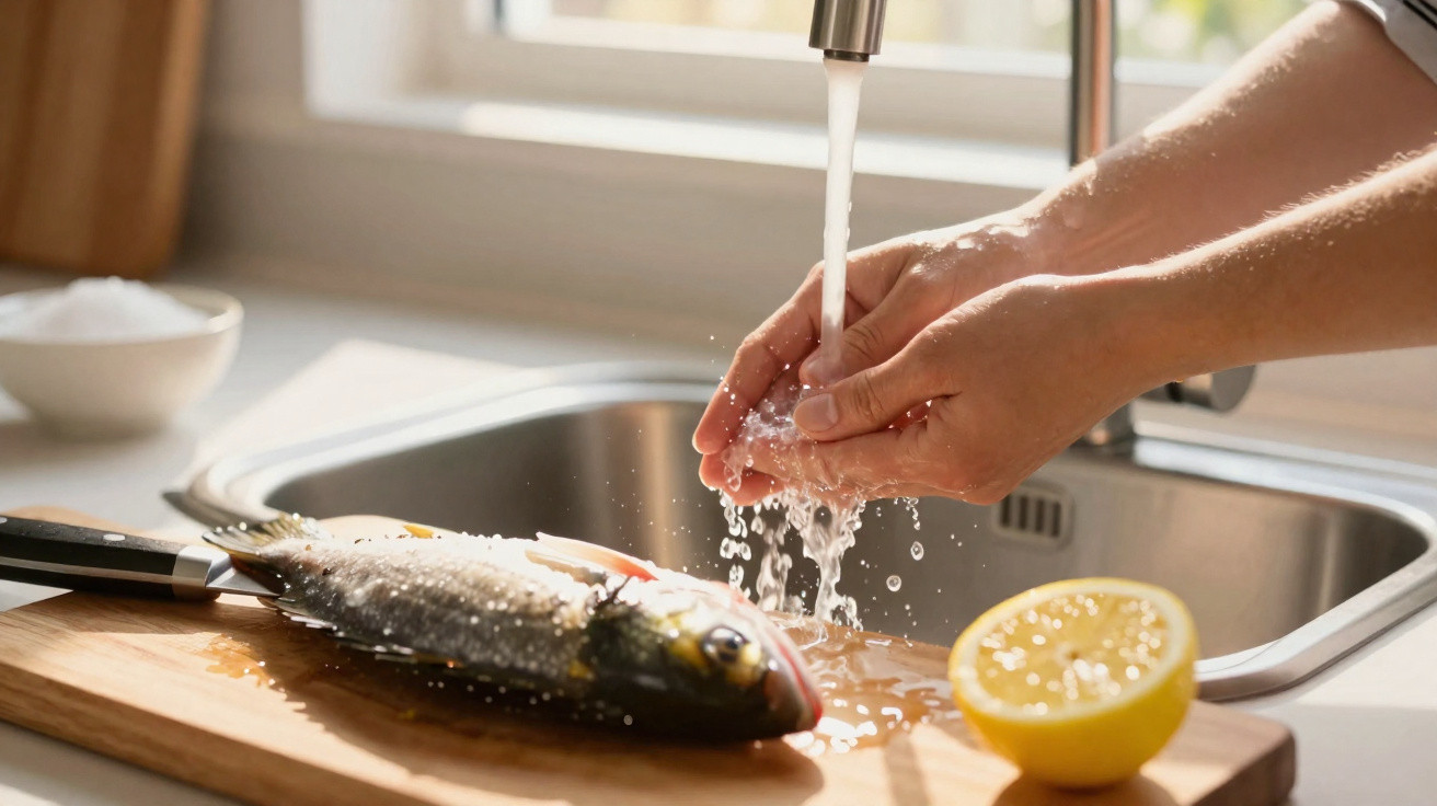 Mãos lavando peixe ao lado de uma pia com torneira aberta e meia laranja sobre tábua de madeira.