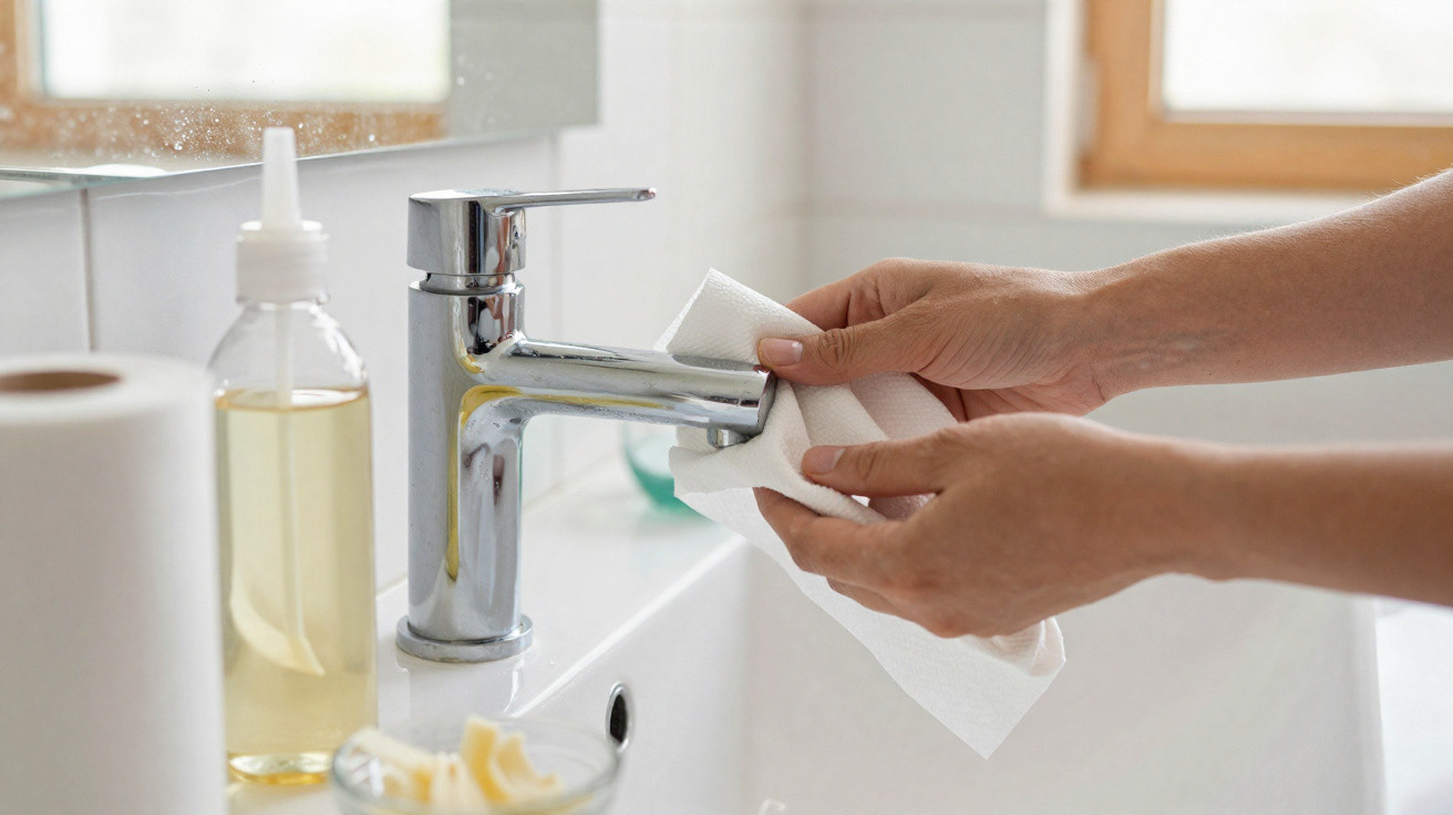 Mãos limpando torneira de banheiro com papel toalha, ao lado sabonete líquido e rolo de papel toalha.