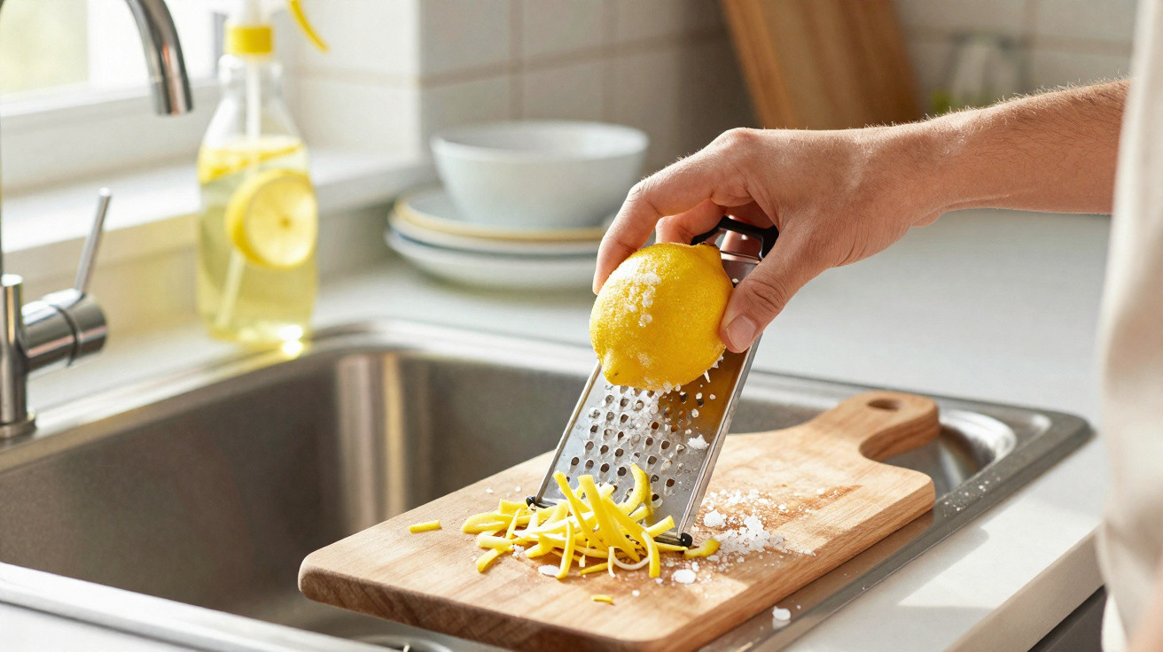 Pessoa ralando casca de limão sobre tábua de corte na cozinha, próxima à pia e detergente.