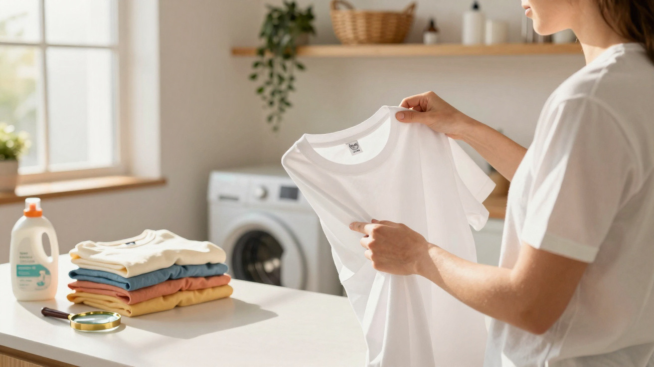 Pessoa segurando camiseta branca limpa em área de lavanderia com máquina, roupas dobradas e produto de limpeza.