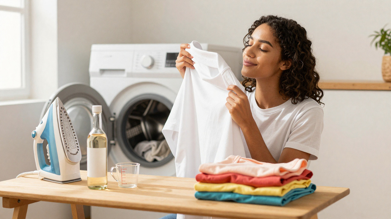 Mulher cheirando roupa branca recém-lavada com pilha de roupas coloridas e ferro de passar na mesa.