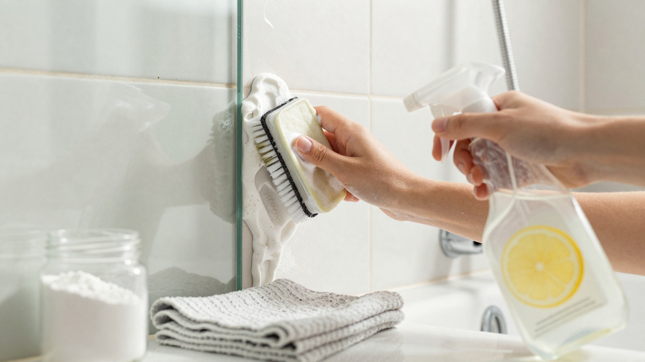 Pessoa limpando espelho do banheiro com escova e spray de produto caseiro de limão.
