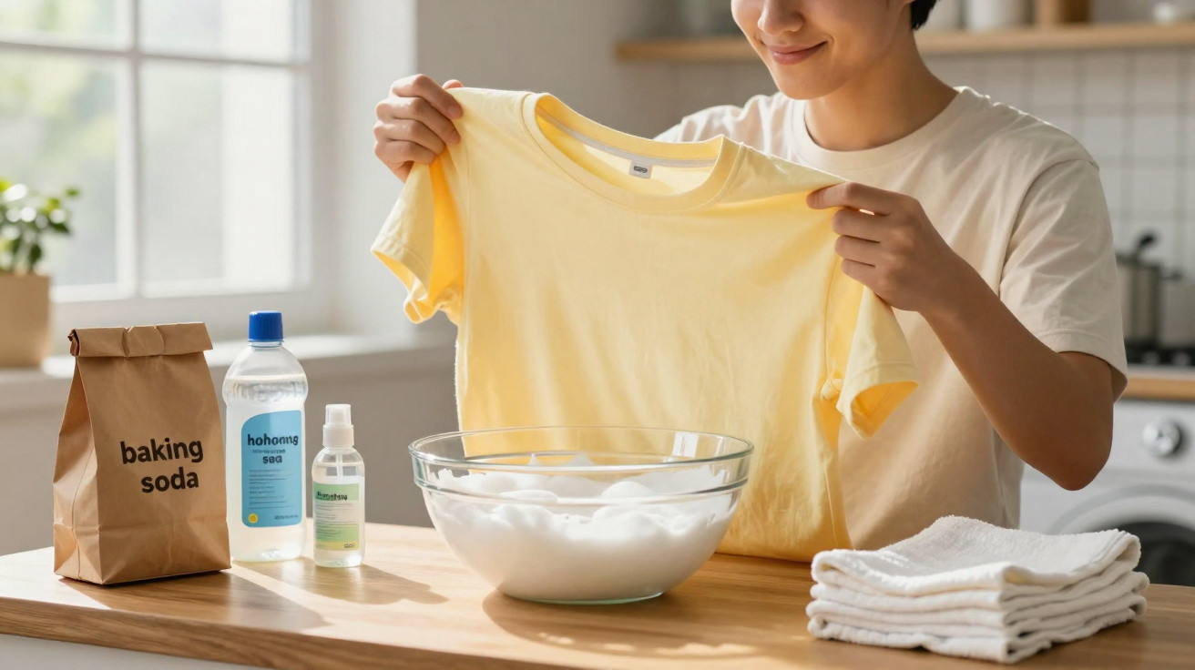 Pessoa segurando camisa amarela com tigela de espuma, bicarbonato, vinagre e toalhas na mesa.