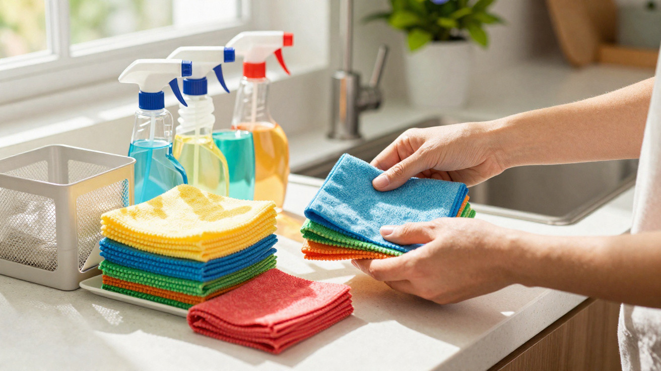 Mãos organizando panos coloridos ao lado de frascos de spray com produtos de limpeza na bancada da cozinha.