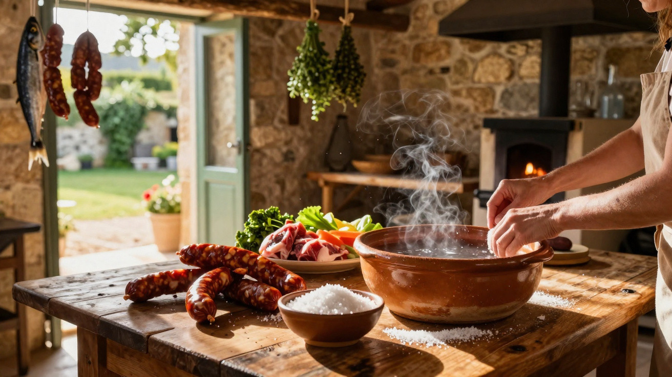 Pessoa preparando comida em cozinha rústica com embutidos, vegetais e tigela fumegante sobre mesa de madeira.