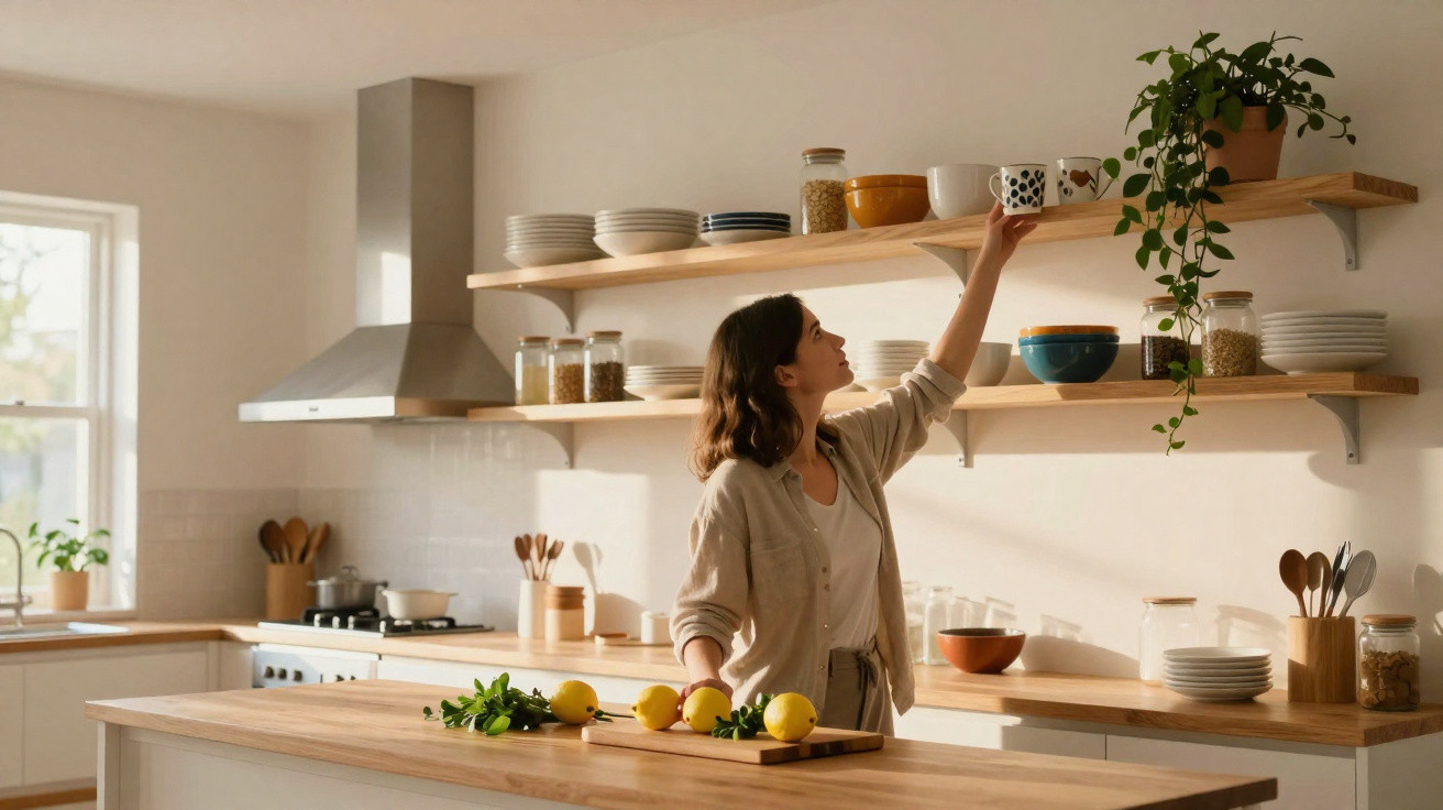 Mulher alcançando caneca em prateleira em cozinha iluminada com bancada de madeira e frutas.