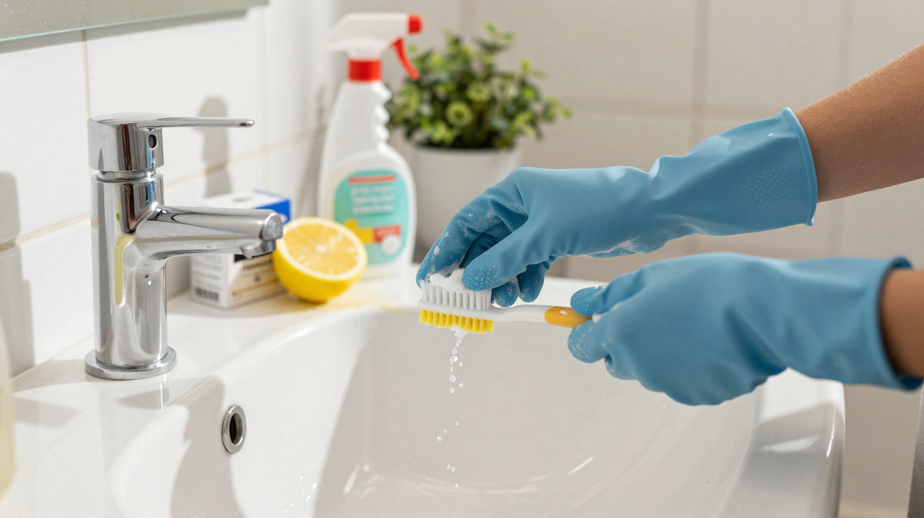 Mãos com luvas de borracha azuis limpando uma escova de dentes em pia, com limão e produtos de limpeza ao fundo.