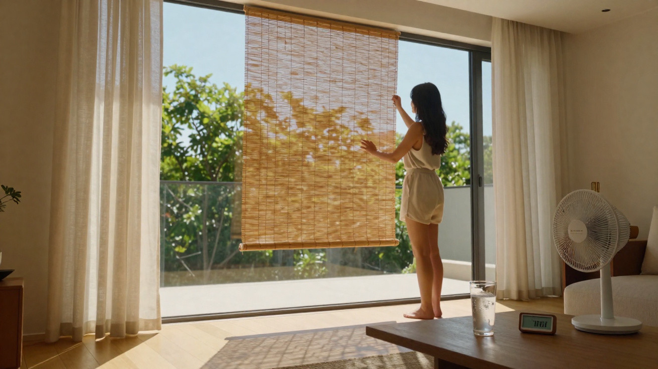 Mulher ajusta persiana de bambu em sala iluminada com cortinas transparentes e ventilador ligado ao lado.