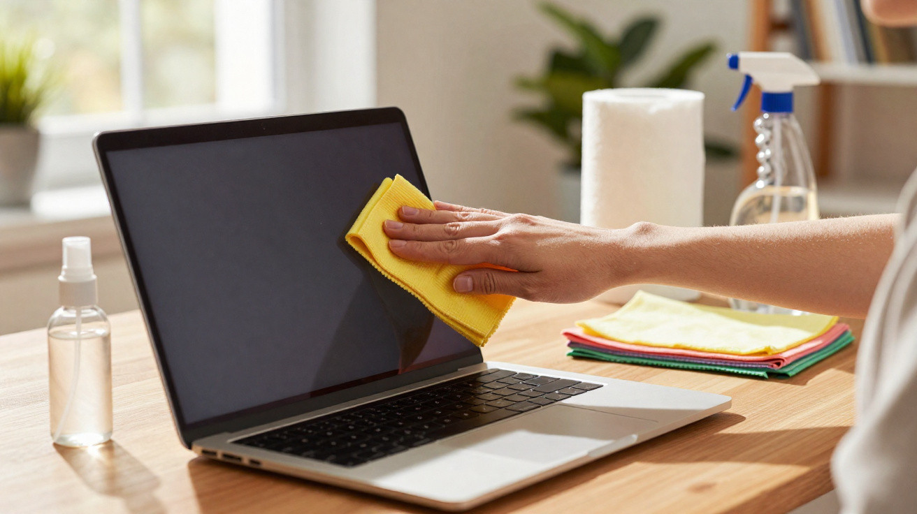 Pessoa limpando a tela de um notebook com um pano amarelo em mesa de madeira.