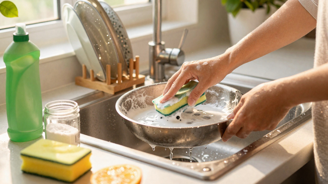 Pessoa lavando frigideira de inox na pia com esponja verde e amarela e detergente em frasco verde.