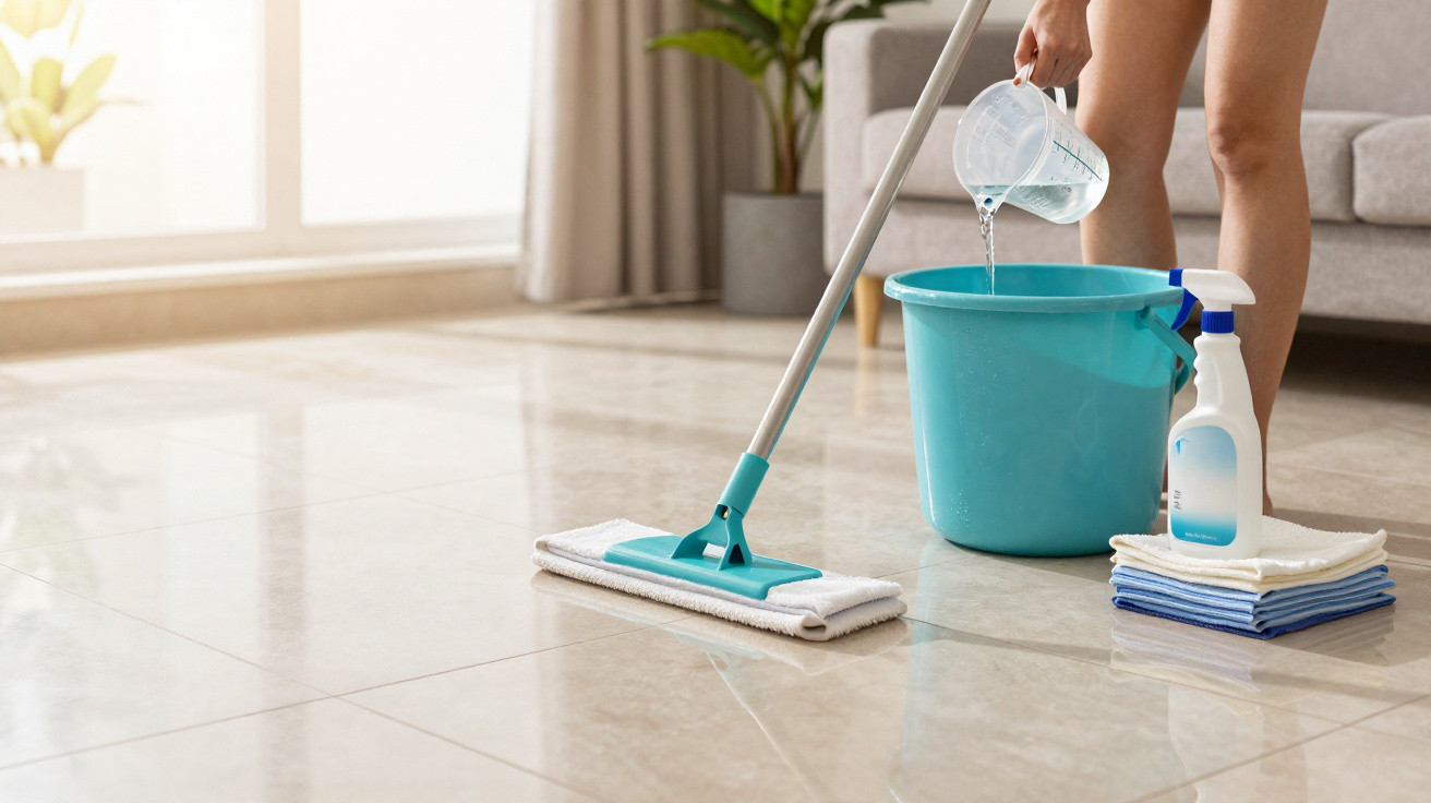 Pessoa despejando água em balde azul para limpar piso com esfregão em sala iluminada.