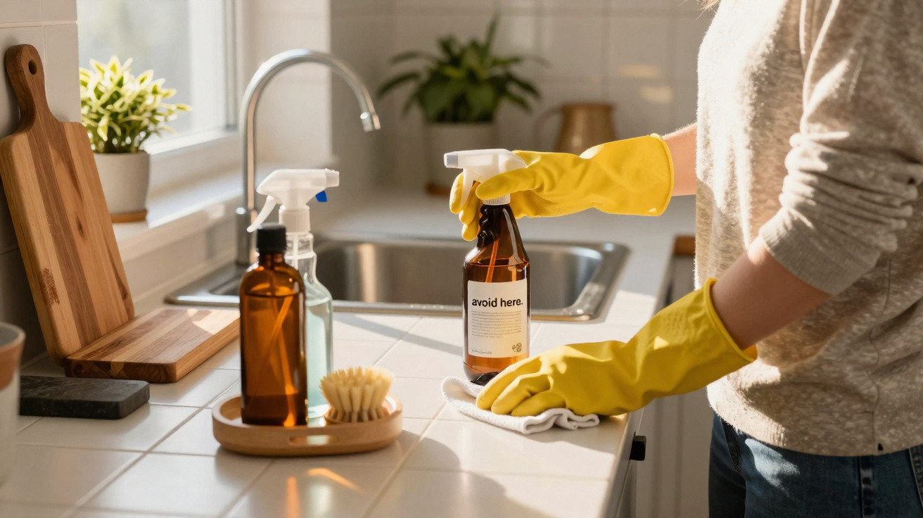 Pessoa com luvas amarelas limpando bancada de cozinha clara com spray e pano branco próximo à pia.