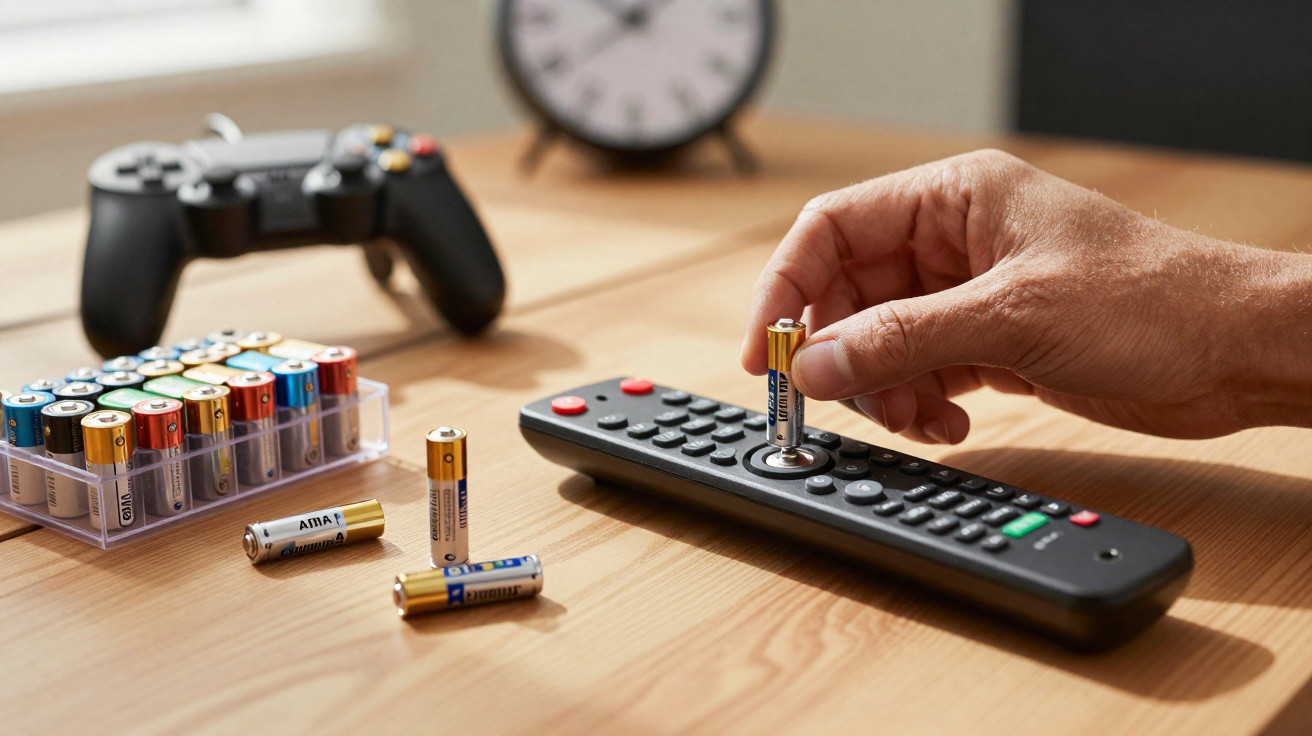 Mão inserindo pilha em controle remoto, pilhas espalhadas na mesa, controle de videogame e relógio desfocados.
