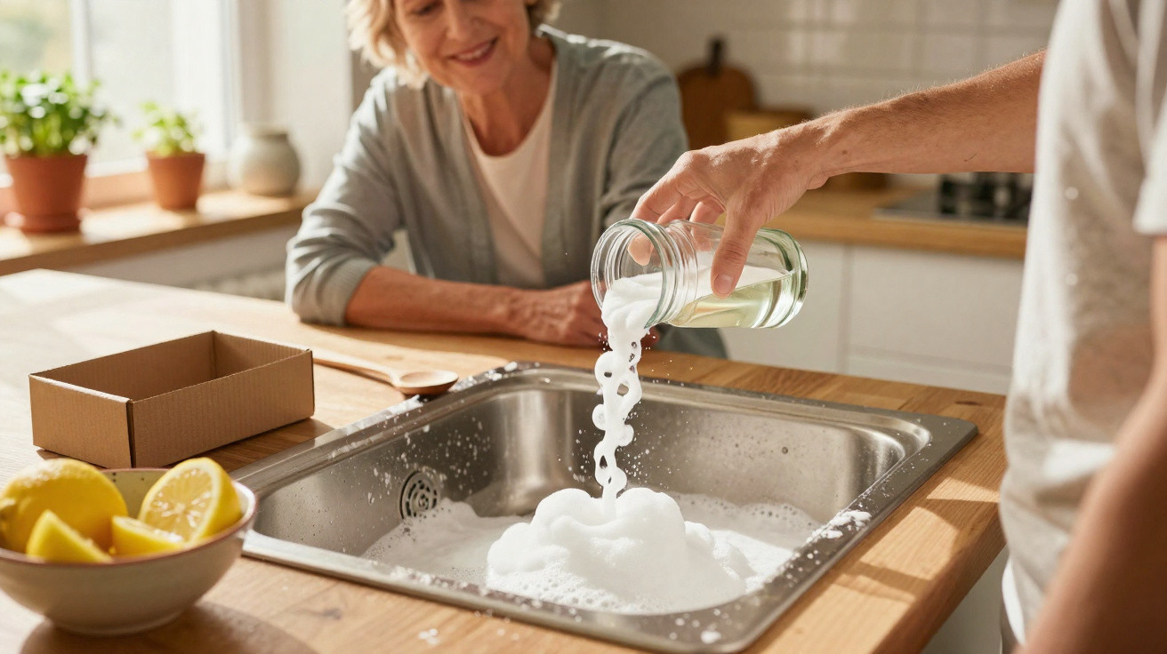 Pessoa despejando produto de limpeza na pia enquanto mulher idosa observa sorrindo na cozinha.
