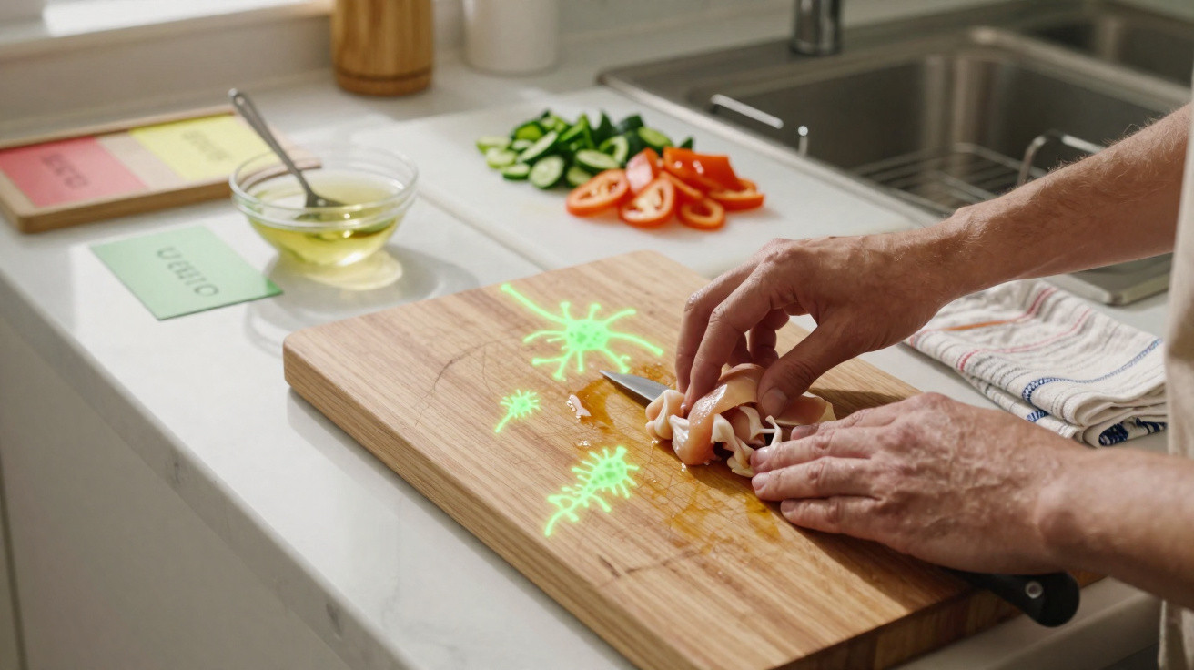 Pessoa cortando carne em tábua de corte no cenário de cozinha, com luzes verdes simulando bactérias.