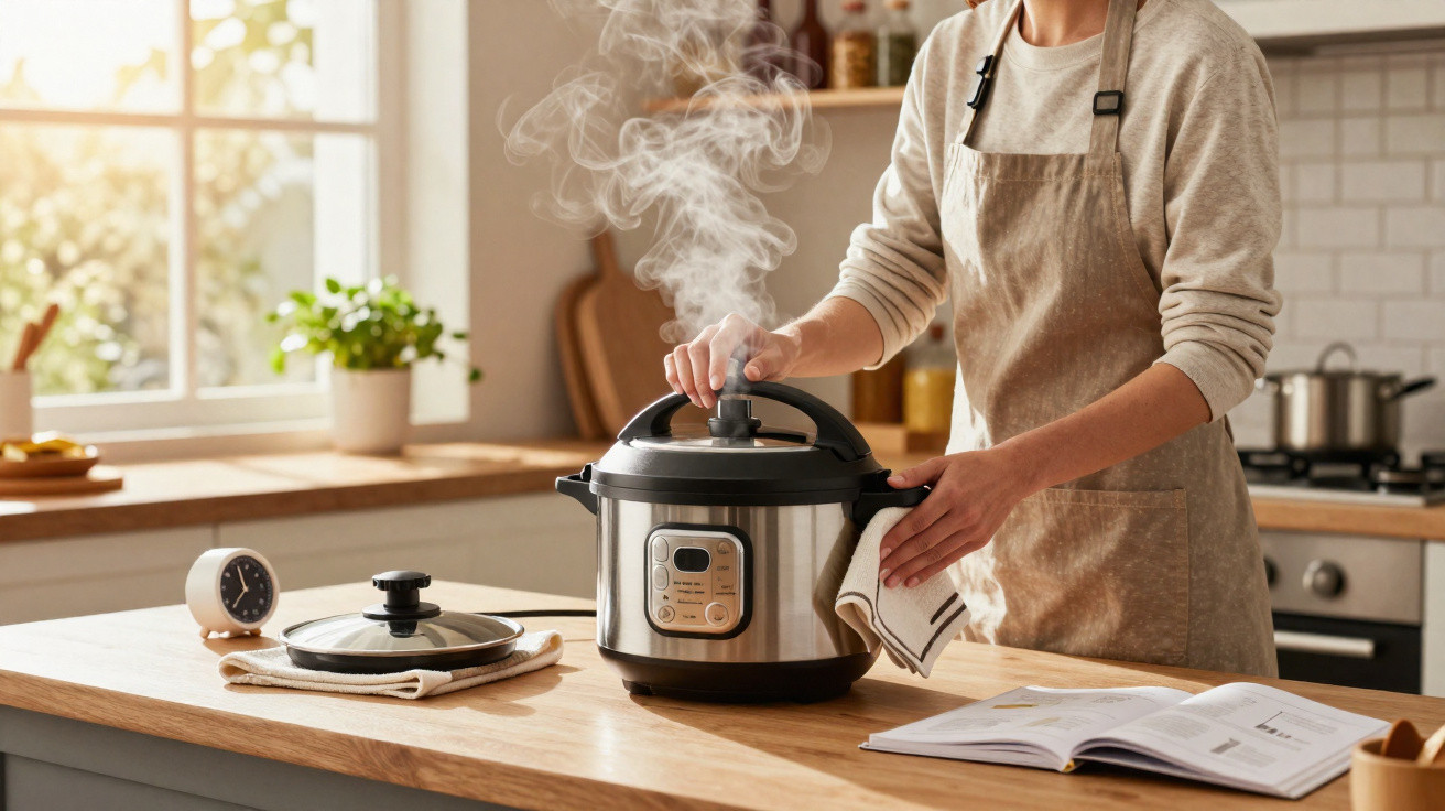 Pessoa abrindo panela elétrica de pressão soltando vapor em cozinha iluminada com livro aberto na bancada.