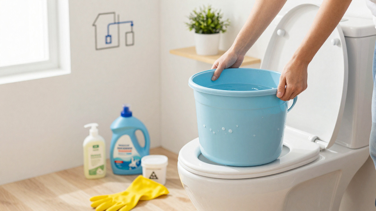 Pessoa enchendo balde azul com água no vaso sanitário para limpeza, com produtos e luvas amarelas ao fundo.