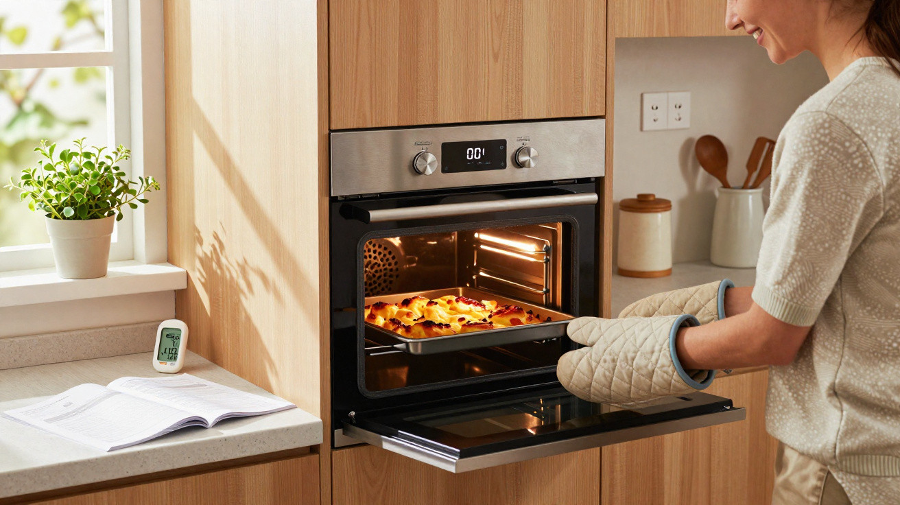 Pessoa usando luvas de forno para retirar assado do forno embutido na cozinha moderna.