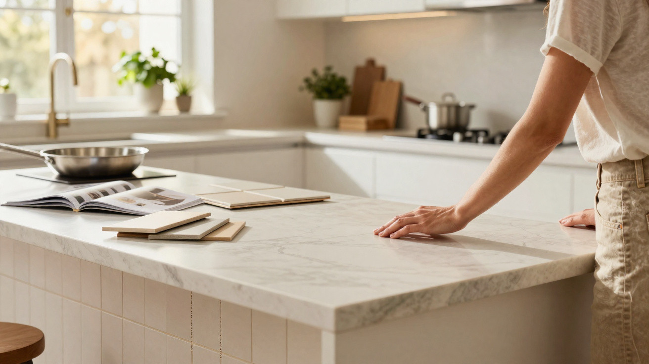 Pessoa tocando bancada de mármore branco em cozinha moderna com livro e amostras de revestimento sobre a mesa
