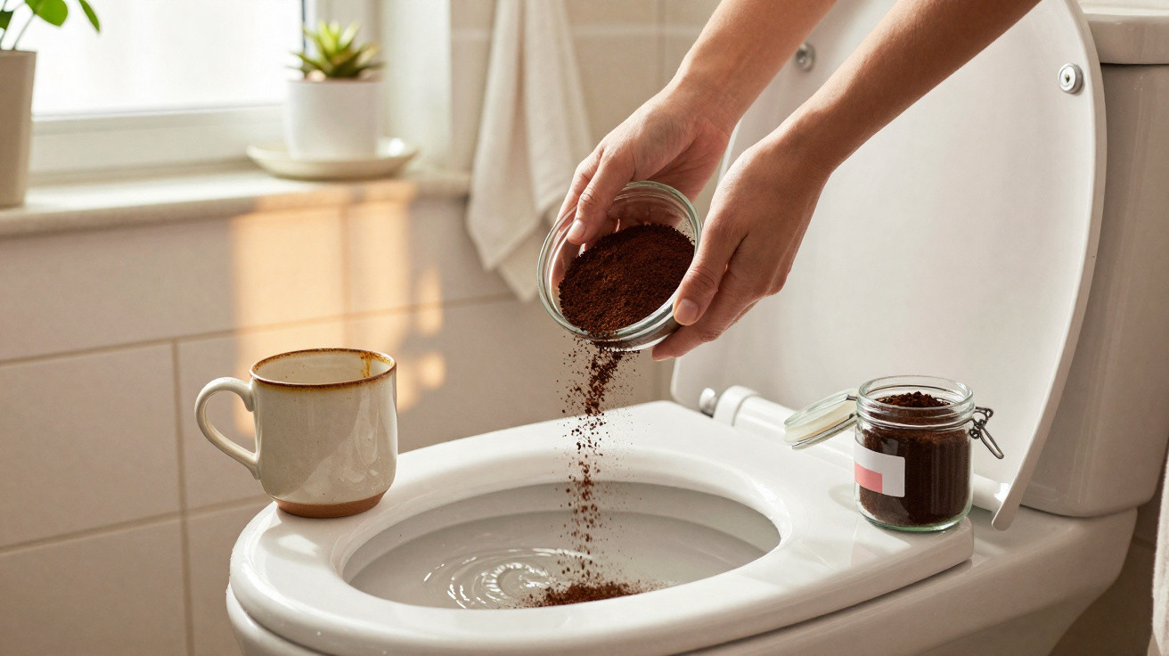 Mãos despejando borras de café no vaso sanitário aberto em banheiro iluminado por luz natural.
