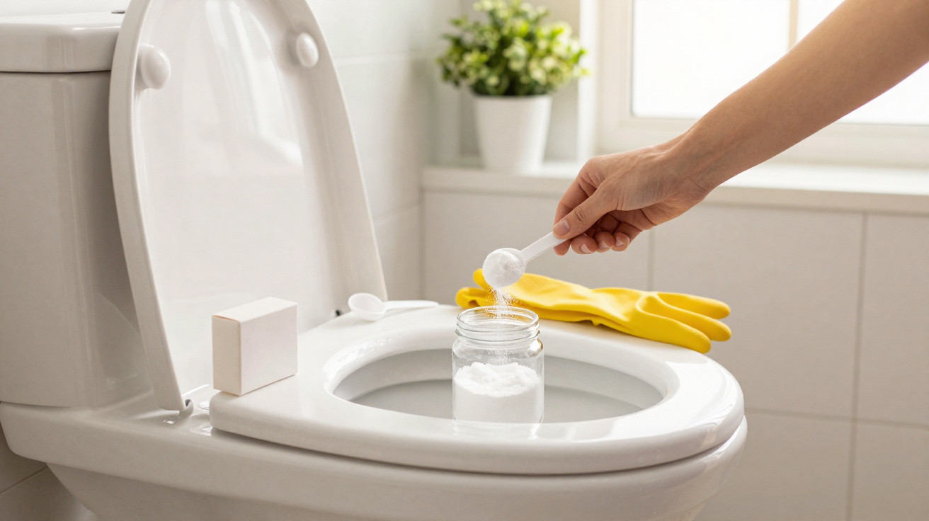 Pessoa adicionando pó branco em vaso sanitário com luvas amarelas ao fundo em banheiro iluminado.