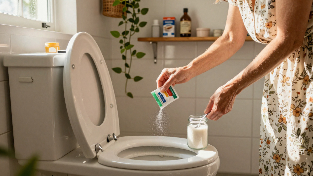 Pessoa adicionando produto em pó em vaso sanitário branco em banheiro com decoração natural.