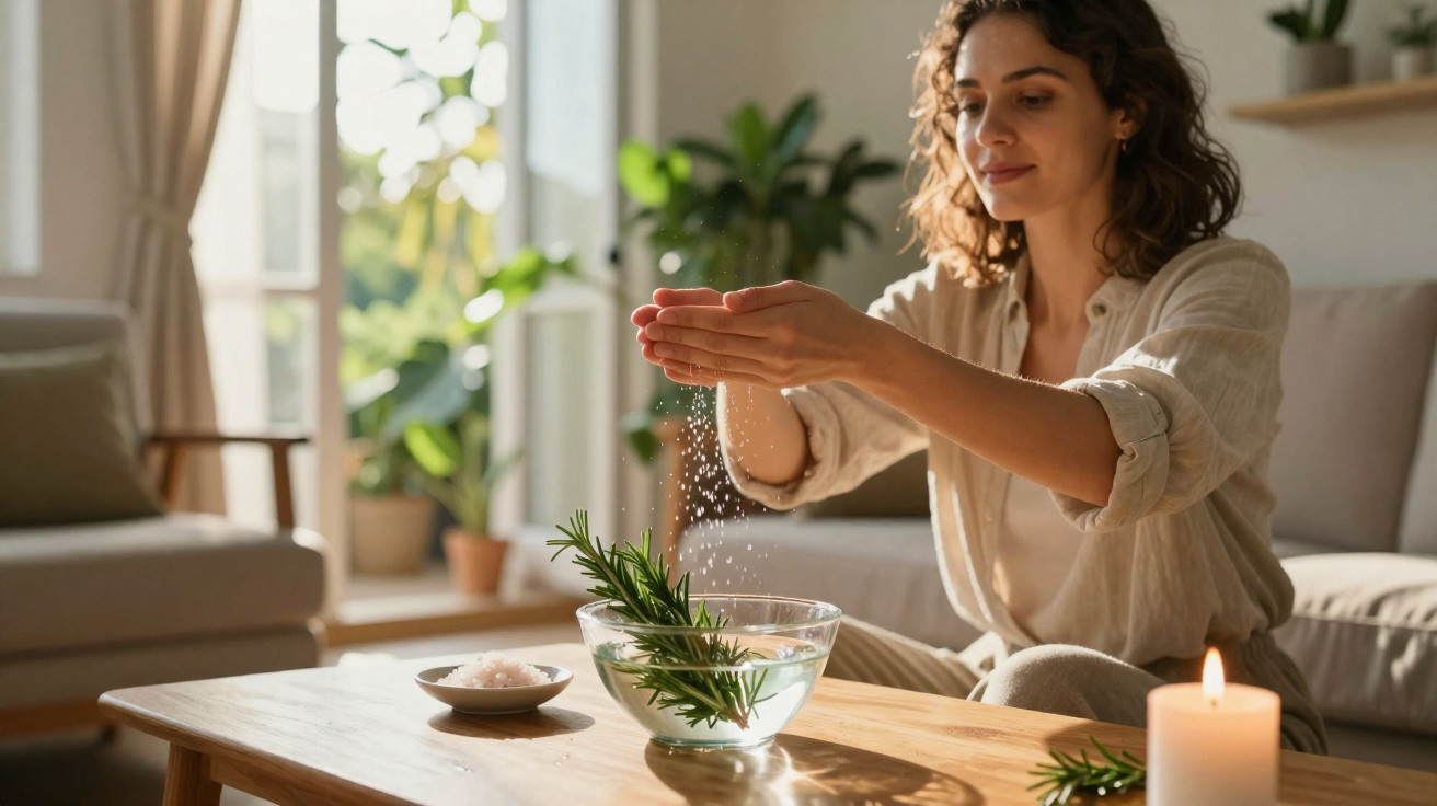Mulher preparando uma infusão natural com ervas em ambiente iluminado e decorado com plantas.