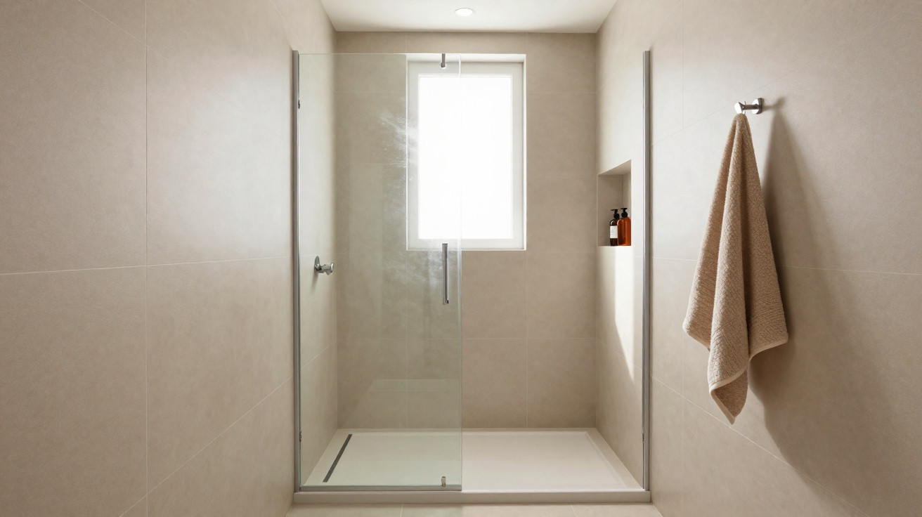 Banheiro minimalista com box de vidro, parede bege, toalha pendurada e janela iluminada por luz natural.