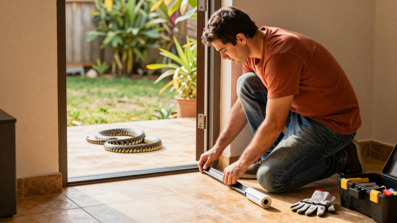 Homem instalando vedação na porta de vidro enquanto cobra está do lado de fora.