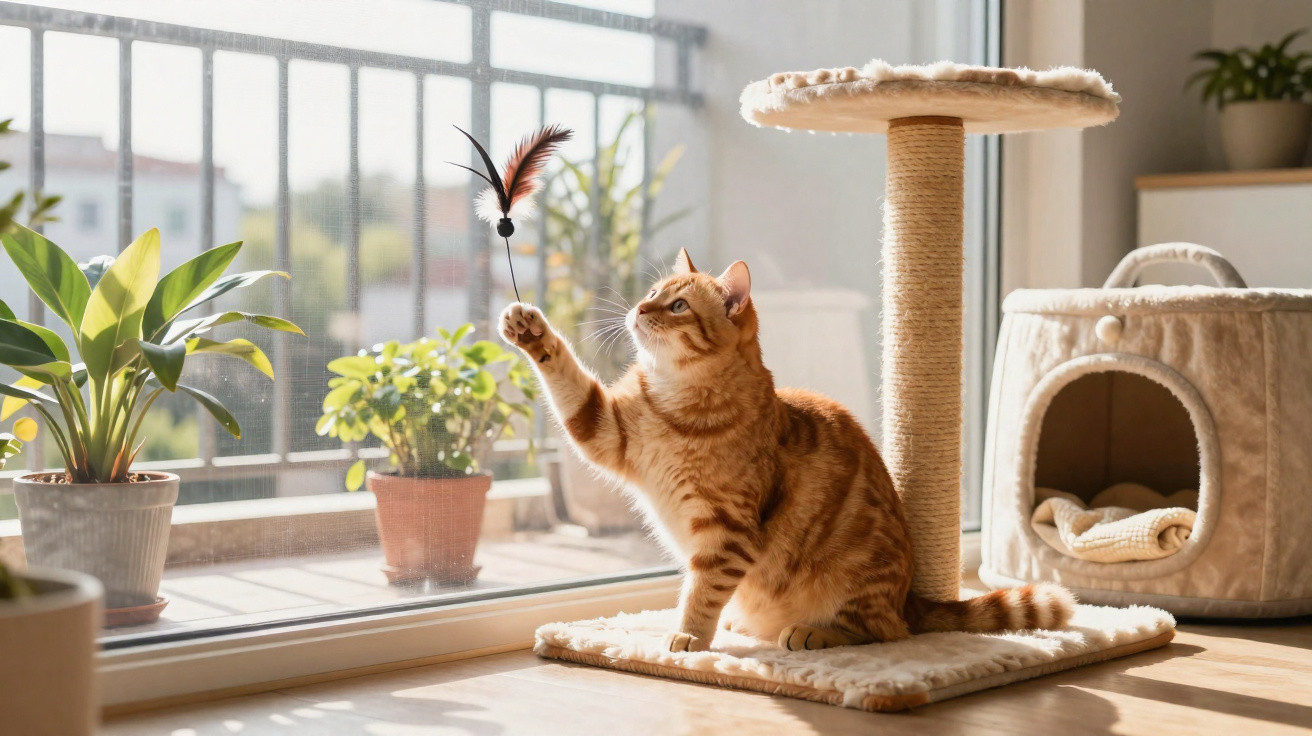 Gato laranja brinca com brinquedo de pena em arranhador perto de plantas e janela ensolarada.