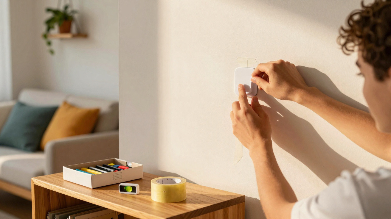 Pessoa instalando um sensor branco na parede próxima a mobiliário de madeira em sala de estar.