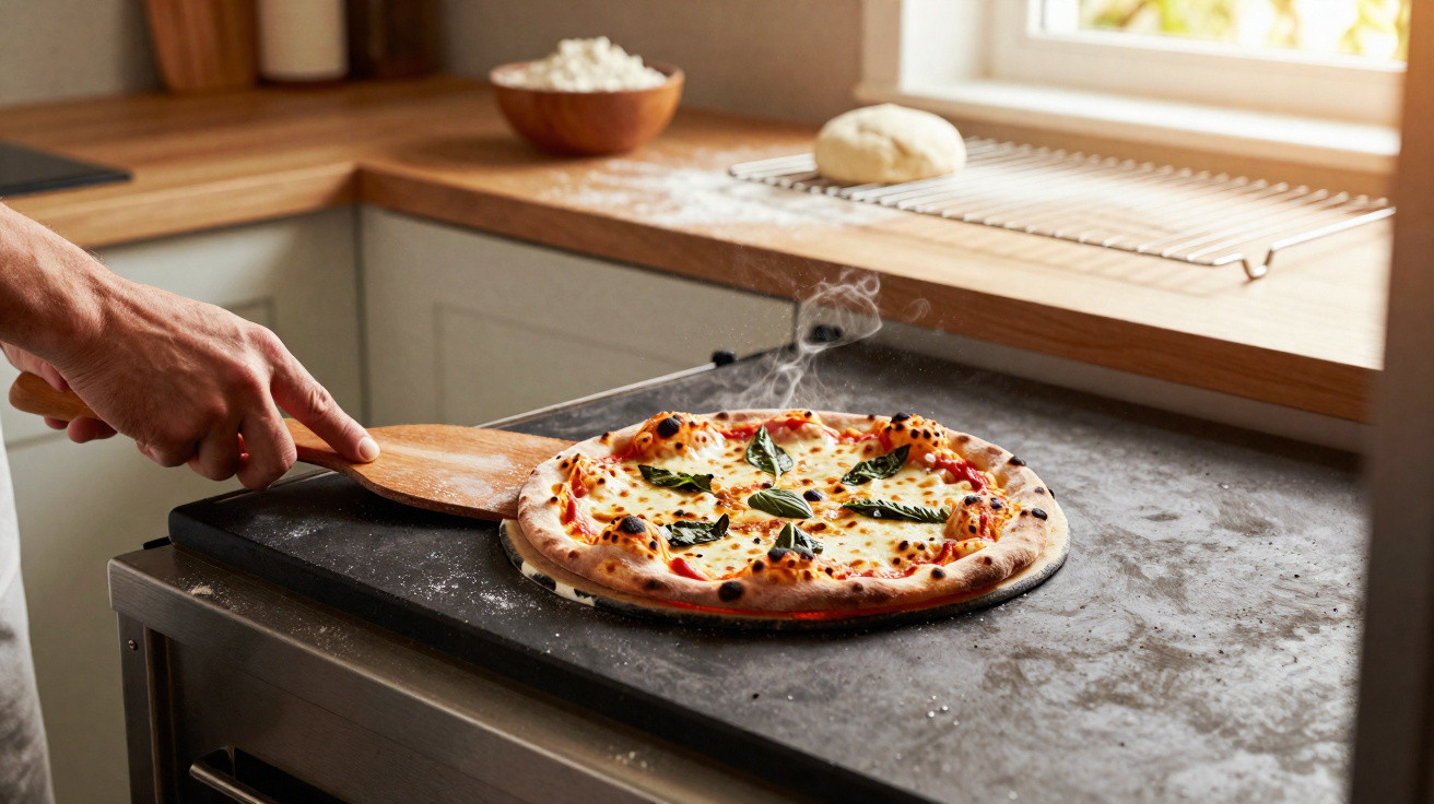 Mão tirando pizza fresca com manjericão de pedra aquecida em forno doméstico na cozinha.
