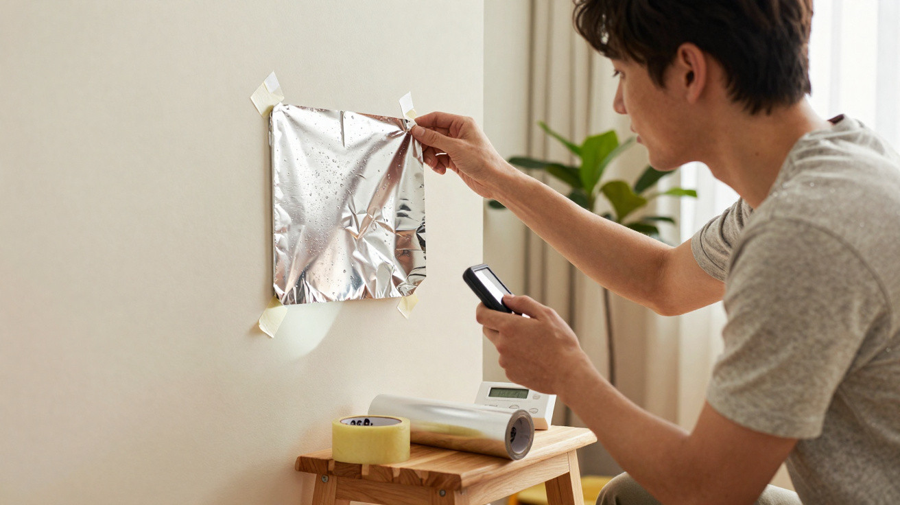 Homem aplicando papel alumínio em parede, segurando controle remoto em ambiente interno.