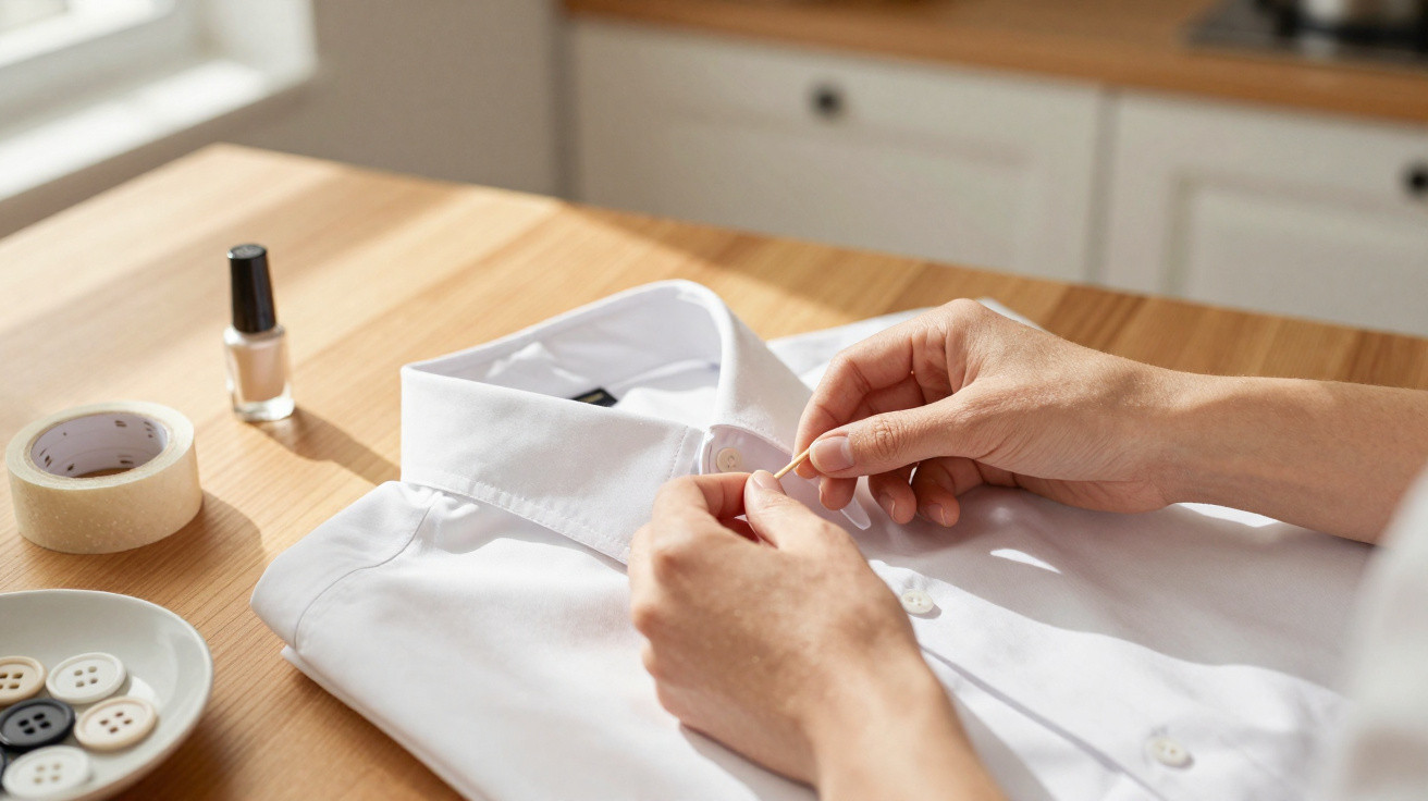 Mãos costurando botão em camisa branca sobre mesa de madeira com fita adesiva, esmalte e botões.