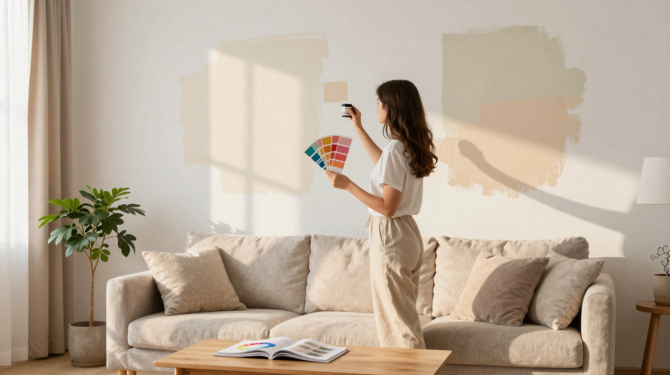 Mulher escolhendo cores para pintar a parede de sala decorada com sofá bege e planta ao lado.
