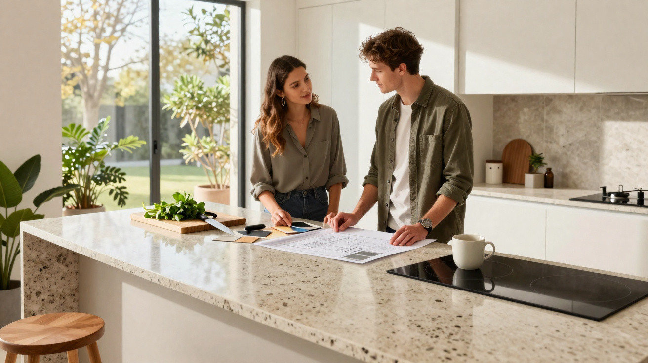 Casal jovem conversando e analisando plantas arquitetônicas em uma cozinha moderna e iluminada.