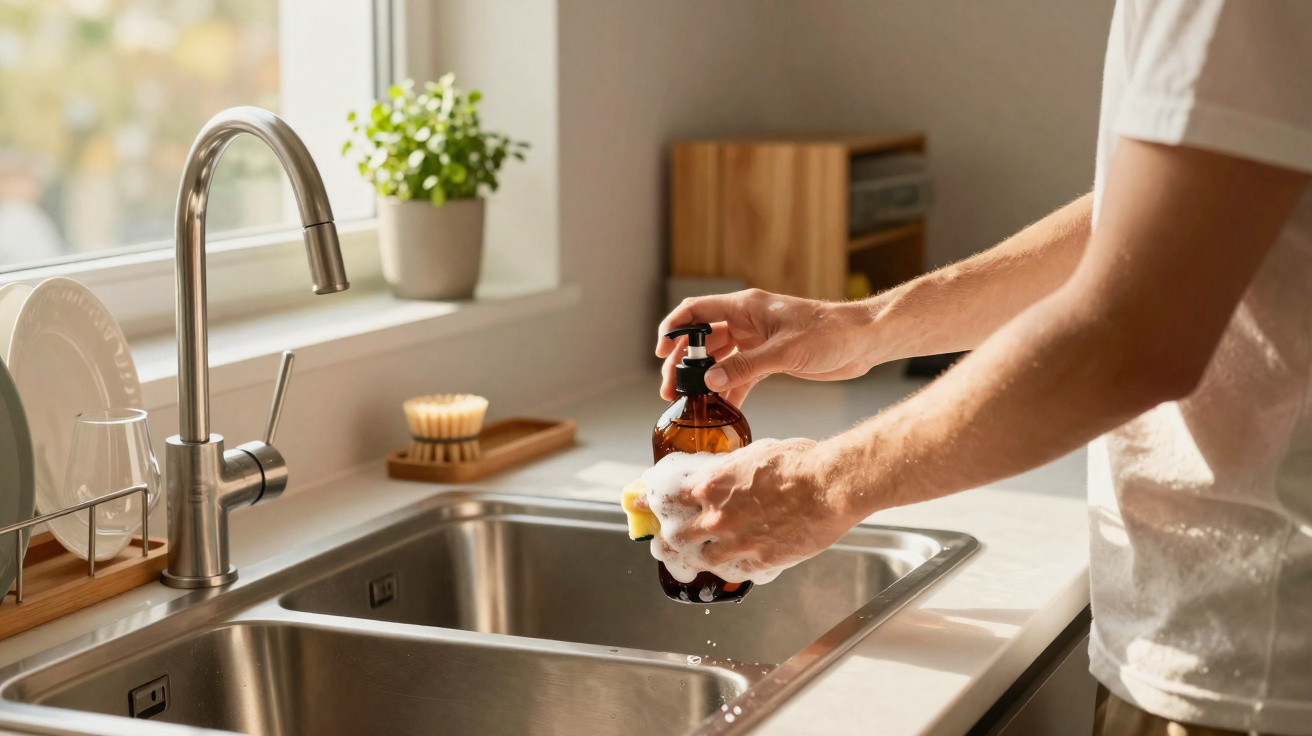 Pessoa lavando as mãos com sabonete líquido na pia da cozinha iluminada pela luz natural.