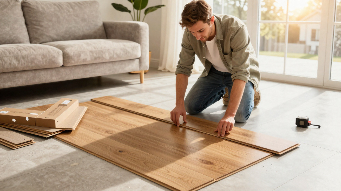 Homem ajoelhado instalando piso laminado de madeira em sala iluminada por luz natural.