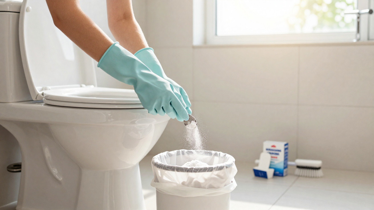 Pessoa com luvas azuis descartando comprimido efervescente em lixo ao lado do vaso sanitário.