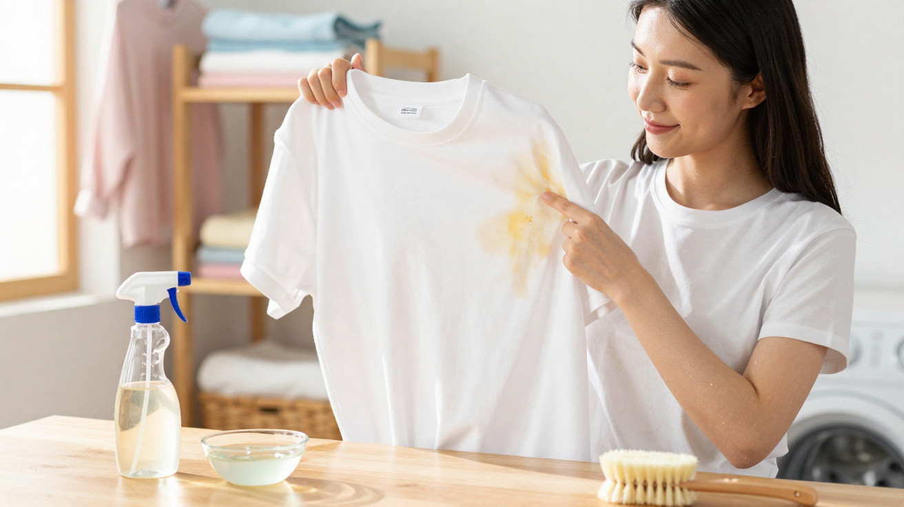 Mulher mostrando camiseta branca com mancha amarela e produtos para remoção de manchas na mesa.
