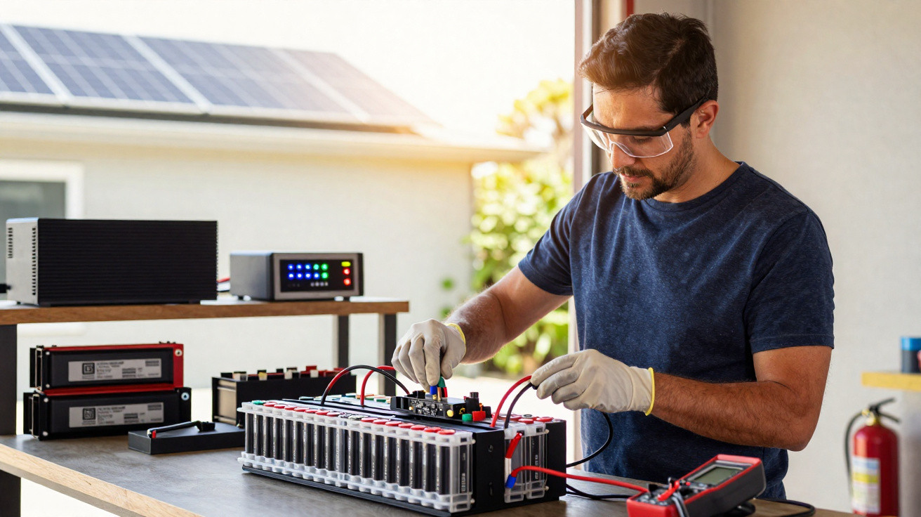 Homem com óculos de proteção e luvas trabalha em bateria de células conectadas em mesa com equipamento elétrico.