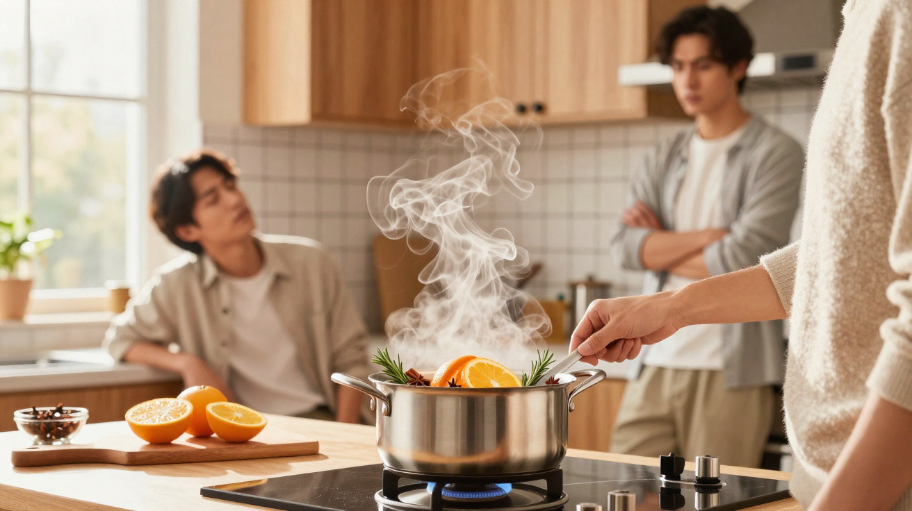 Mãos mexendo panela com frutas e especiarias fumegantes, dois homens ao fundo em cozinha moderna.