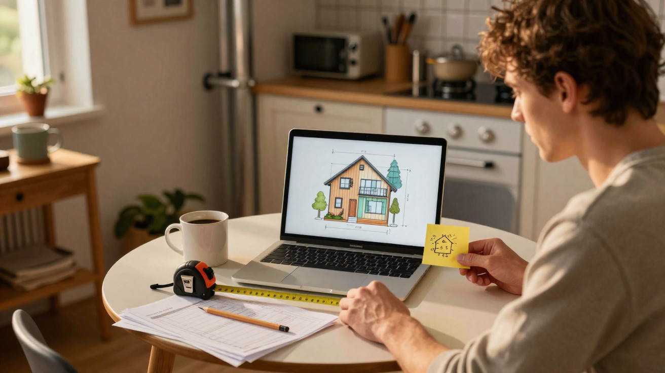 Homem sentado à mesa analisando projeto de casa no laptop com régua, bloco de anotações e xícara de café.