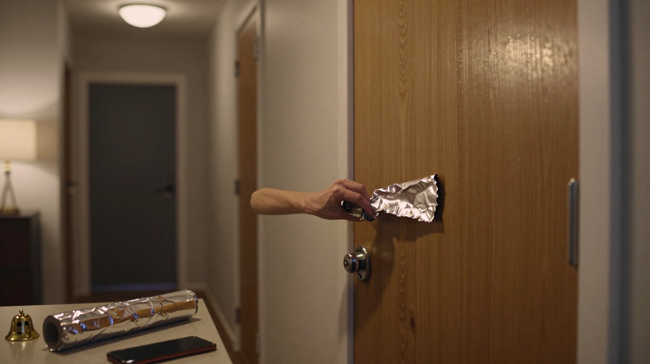 Braço estendendo papel alumínio para abrir porta de madeira em corredor de apartamento.
