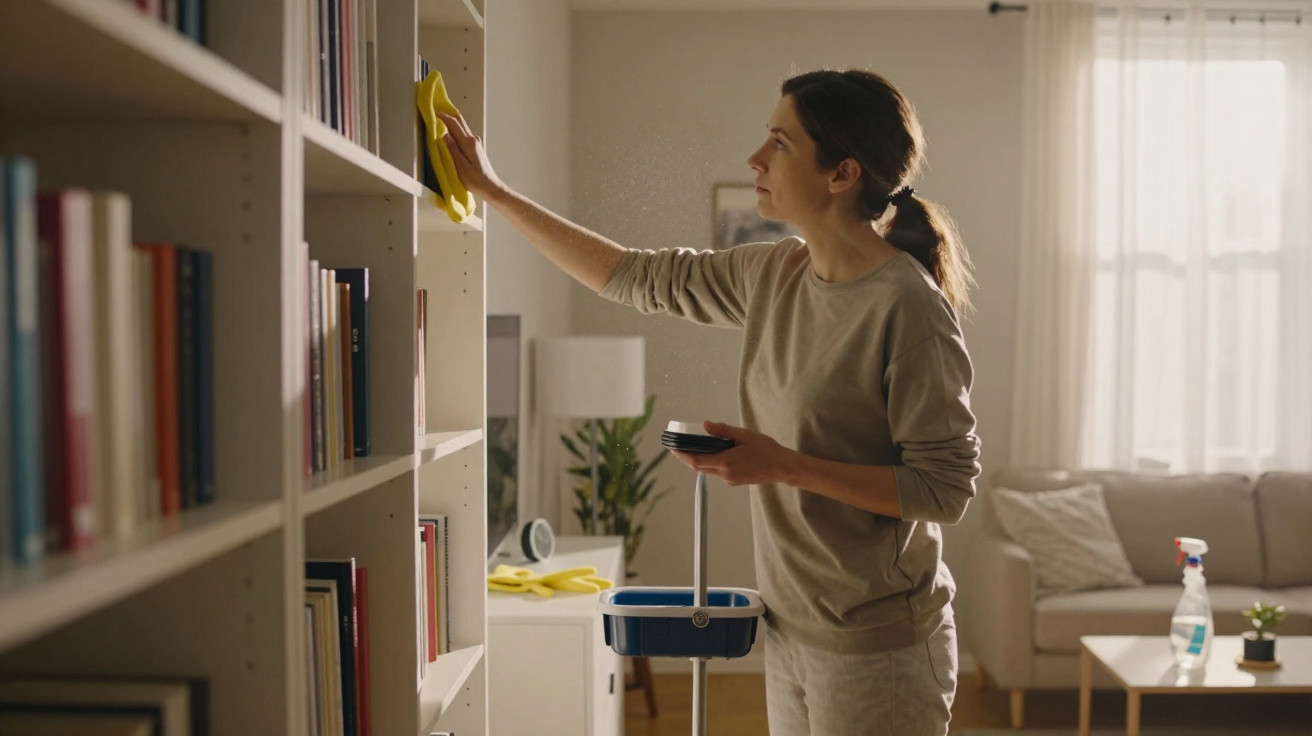 Mulher limpando estante de livros com pano amarelo em sala iluminada, com balde de limpeza ao lado.